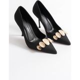 Mubiano Aveline Kadın Kahve Nubuk Gold Aksesuarlı Sivri Burunlu Yüksek İnce Topuklu Stiletto Ayakkabı (9.5 CM)