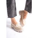Mubiano -BJ Kalın Taban Lüx Süet Bej Kadın Kolej Loafer MB1190