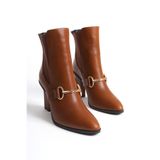 Mubiano Collection Mubiano Hakiki Deri Collection Kadın Metal Tokalı Lastik Detaylı Topuklu Kısa Bot Taba - MCALM2262 -, 41