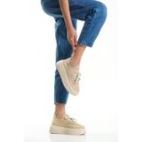 Mubiano H- 101-BJ Triko Örme Kumaş Oval Burunlu Bağcık Detay Kadın Bej Yüksek Taban Babet & Loafer, 38