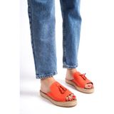 Mubiano Hakiki Deri 605-ORJ Püsküllü Oranj Kadın Espadril Terlik - 39