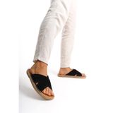 Mubiano Hakiki Deri Summer Erkek Süet Çapraz Bantlı Jüt Taban Siyah Espadril Terlik -MSSR5959-S, 40