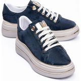 Mubiano Kadın Sneaker Kadife Desenli Gold Detaylı Kalın Tabanlı Spor Ayakkabı Lilium Lacivert