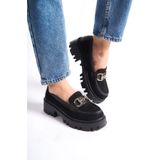 Mubiano -S Kalın Taban Lüx Süet Tokalı Siyah Kadın Kolej Loafer MB1170