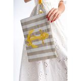 mubiano Summer Kadın Bej/Beyaz Çizgili Duck Keten Kumaş Çapa Clutch & Portföy Çanta - MSLY0106-BB, Tek Ebat