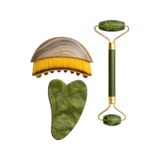 Mucit Home Lenf Drenaj Kuru Fırça Ve Yeşim Taşı Roller 3 Lü Set Yüz, Boyun, Göz Ve Vücut Masaj Aleti gri