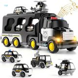 Mucize Policetruck 5'i 1 Arada Taşıyıcı Araç Oyuncak Seti - Sürtünmeyle Çalışan Polis Kamyonu, Çocuklar Için Küçük Araba Helikopteri - Doğum Günü Noel Hediyesi