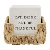 Mud Pie Thankful Kireç Taşı Bardak Altlığı ve Tutucu Seti, Beyaz, 10 cm Çap