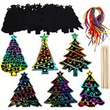 Mudder 60 Adet Noel Ağacı Kazıma Süsleri Kağıt Gökkuşağı Sanatı Renkli Kazıma 60 Adet Kurdele ve 10 Adet Ahşap İğne Noel için Kendin Yap Süslemeleri Çocuklar için Hediye El Sanatları