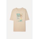 Mudo Erkek Bej Rengi Baskılı Oversize Bisiklet Yaka T-Shirt