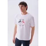 Mudo Erkek Beyaz Baskılı Comfort Fit Bisiklet Yaka T-Shirt