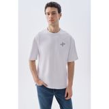 Mudo Erkek Beyaz Nakışlı Oversize Bisiklet Yaka T-Shirt