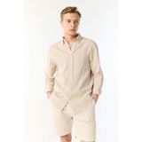 Mudo Erkek Ekru Çizgili Keten Karışımlı Regular Fit Gömlek