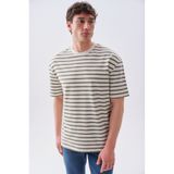 Mudo Erkek Haki Çizgili Oversize Bisiklet Yaka T-Shirt
