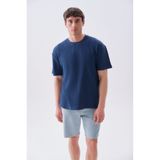 Mudo Erkek İndigo Jakarlı Oversize Bisiklet Yaka T-Shirt