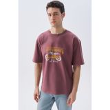 Mudo Erkek Kahverengi Baskılı Oversize Bisiklet Yaka T-Shirt