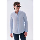 Mudo Erkek Kahverengi Slim Fit Uzun Kollu Keten Gömlek - Açık Mavi