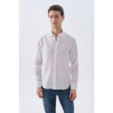 Mudo Erkek Kahverengi Slim Fit Uzun Kollu Keten Gömlek - Beyaz