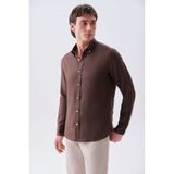 Mudo Erkek Kahverengi Slim Fit Uzun Kollu Keten Gömlek