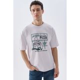 Mudo Erkek Kırık Beyaz Baskılı Oversize Bisiklet Yaka T-Shirt