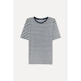Mudo Erkek Kırık Beyaz Çizgili Bisiklet Yaka Keten Karışımlı T-Shirt