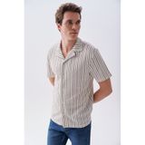 Mudo Erkek Kırık Beyaz Çizgili Comfort Fit Kısa Kollu Gömlek
