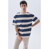 Mudo Erkek Kırık Beyaz Çizgili Oversize Bisiklet Yaka T-Shirt