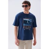 Mudo Erkek Koyu Mavi Baskılı Oversize Bisiklet Yaka T-Shirt