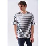 Mudo Erkek Lacivert Çizgili Oversize Bisiklet Yaka T-Shirt