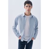Mudo Erkek Mavi Çizgili Regular Fit Uzun Kollu Gömlek