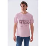 Mudo Erkek Pembe Baskılı Bisiklet Yaka T-Shirt