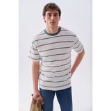 Mudo Erkek Siyah Çizgili Comfort Fit Bisiklet Yaka T-Shirt - Yeşil