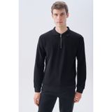 Mudo Erkek Siyah Tekstürlü Comfort Fit Polo Yaka Sweatshirt