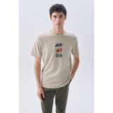 Mudo Erkek Taş Rengi Baskılı Bisiklet Yaka T-Shirt