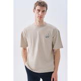 Mudo Erkek Taş Rengi Nakışlı Oversize Bisiklet Yaka T-Shirt