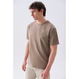 Mudo Erkek Vizon Rengi Nakışlı Loose Fit Bisiklet Yaka T-Shirt