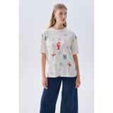 Mudo Kadın Ekru Baskılı Oversize Bisiklet Yaka T-Shirt