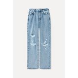 Mudo Kadın İndigo Yıpratmalı Straight Fit Jean Pantolon