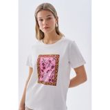 Mudo Kadın Kırık Beyaz Baskılı Loose Fit Bisiklet Yaka T-Shirt