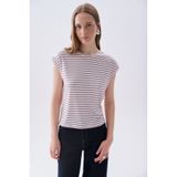 Mudo Kadın Kırık Beyaz Çizgili Bisiklet Yaka Düşük Kol T-Shirt