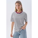 Mudo Kadın Kırık Beyaz Çizgili Oversize Bisiklet Yaka T-Shirt