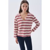 Mudo Kadın Kırmızı Çizgili Loose Fit V Yaka Sweatshirt