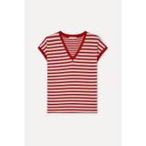Mudo Kadın Kırmızı Çizgili Loose Fit V Yaka T-Shirt
