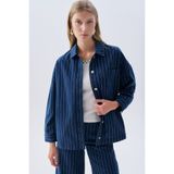 Mudo Kadın Koyu İndigo Çizgili Oversize Düğmeli Jean Gömlek