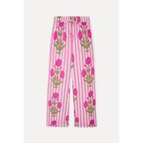 Mudo Kadın Pembe Çizgili Floral Nakışlı Wide Leg Pantolon