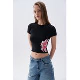 Mudo Kadın Siyah Fitted Baskılı Bisiklet Yaka T-Shirt