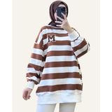MUE Çizgili Nakış Detaylı Oversize Kadın Sweatshirt (Iki Iplik) - 1 Beden - Kahverengi