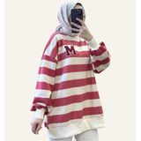 MUE Çizgili Nakış Detaylı Oversize Kadın Sweatshirt (Iki Iplik) - 1 Beden - Pembe