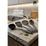 MUF HOME 4 Parça Yanmaz Yapışmaz Mutfak Servis Seti - Kepçe, Spatula, Kevgir, Kaşık - BPA İÇERMEZ- Krem veya Siyah Asorti Renk