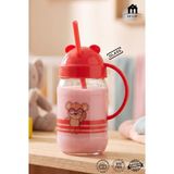 Muf Home Bebek ve Çocuklara Özel Pipetli Kulplu Bardak Matara Suluk 370ML Cam Sütlük - Sevimli Ayıcıklı Tasarım - Sağlıklı & Güvenli - Kırmızı